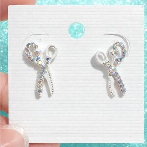 Scissor Earrings White Enamel and Iridescent Rhinestone